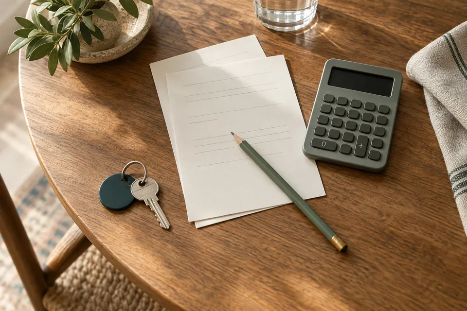 A house key, calculator, pencil, and paper arranged on a wooden table