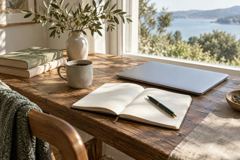 An open notebook, pen, books, and a closed laptop on a sunlit wooden desk