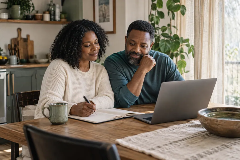 A couple reviewing a notebook and laptop together at their kitchen table