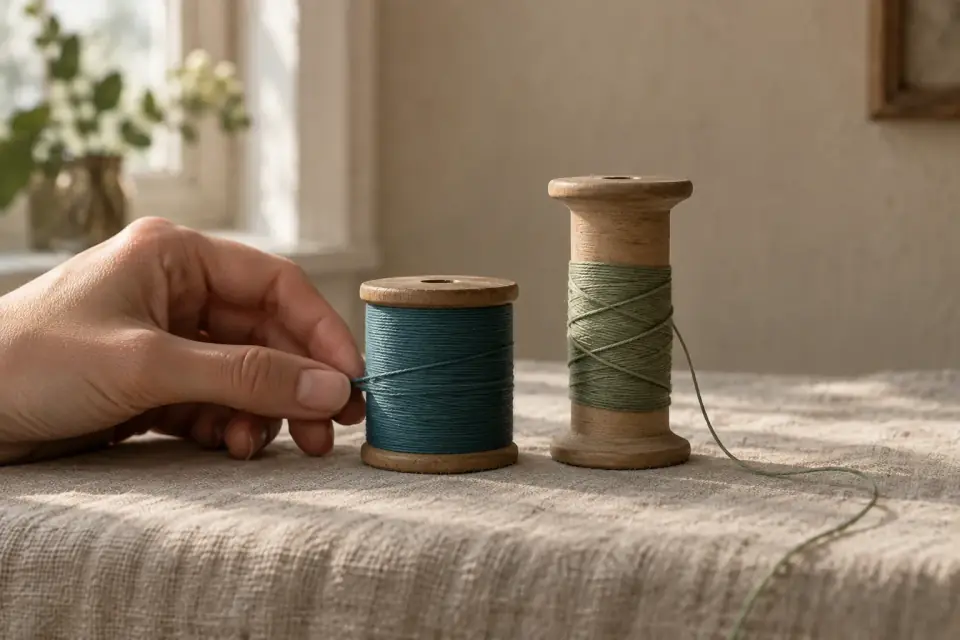 A hand beside a short, fully wound spool of teal thread next to a taller, partly wound spool