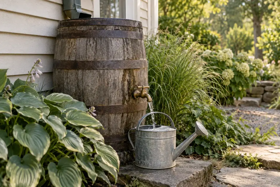 Water from a wooden rain barrel’s spigot filling a watering can beside a cream house