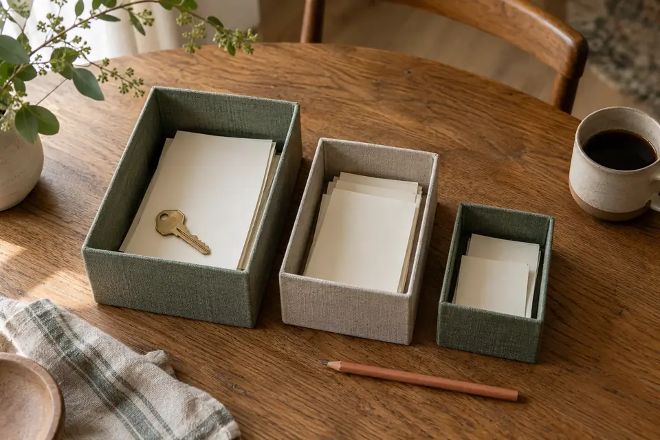 Three open linen boxes of different sizes holding plain paper slips on an oak table