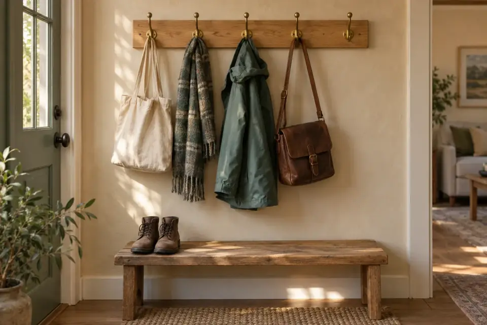 A wall coat rack with four hooks holding a tote, scarf, jacket, and satchel, and one hook empty