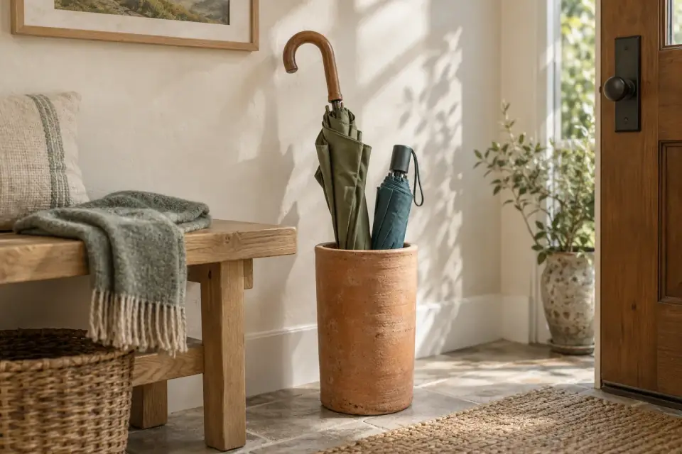 Two closed umbrellas, one sage and one teal, in a terracotta stand beside an oak entry bench