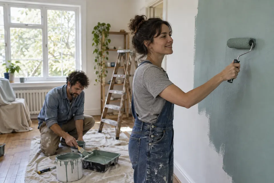 Two people painting a room with blue-green paint