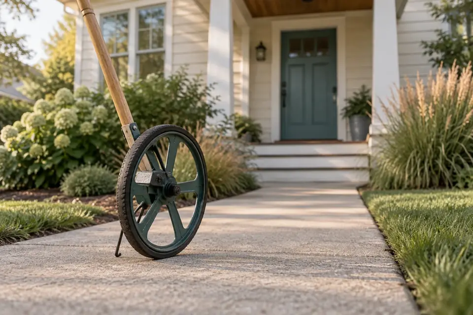 A measuring wheel resting on the front walk of a modest home