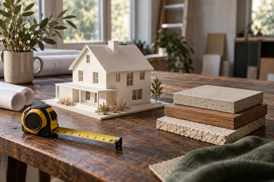 A house model, tape measure, and material samples on a workbench
