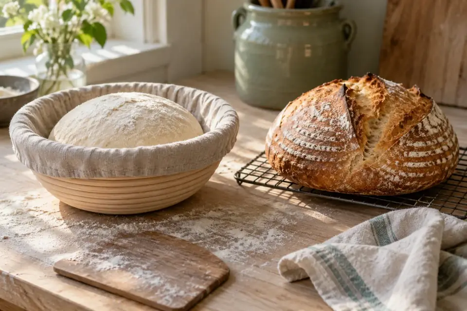 Bread dough rising in a proofing basket beside a finished baked loaf on a wooden bench