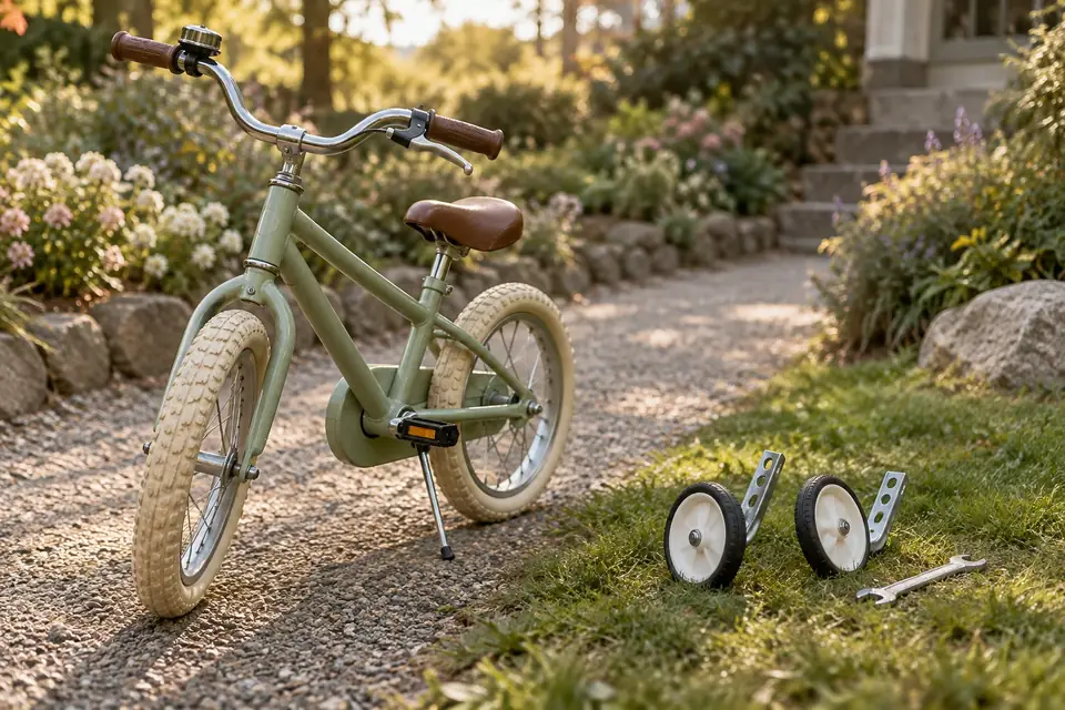 A child’s bicycle beside a pair of removed training wheels on a garden path