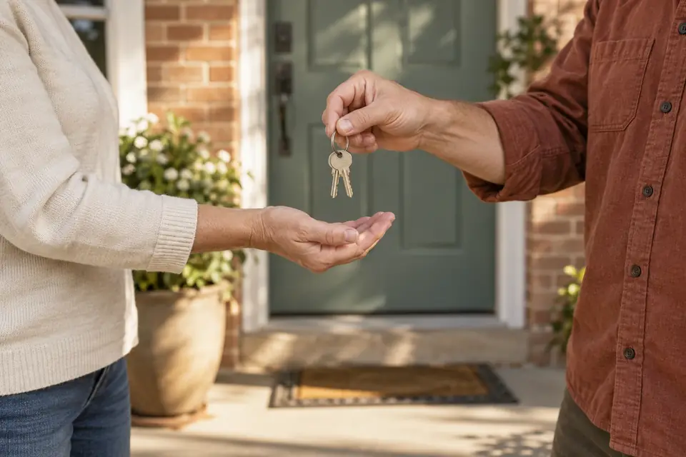 One person handing a ring of house keys to another on a front porch
