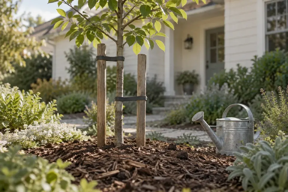 A young tree held upright by two wooden stakes in a freshly mulched front garden bed
