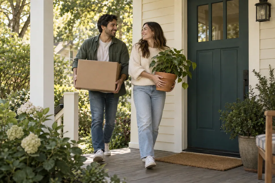 Two people carrying a moving box and a plant onto a sunlit front porch
