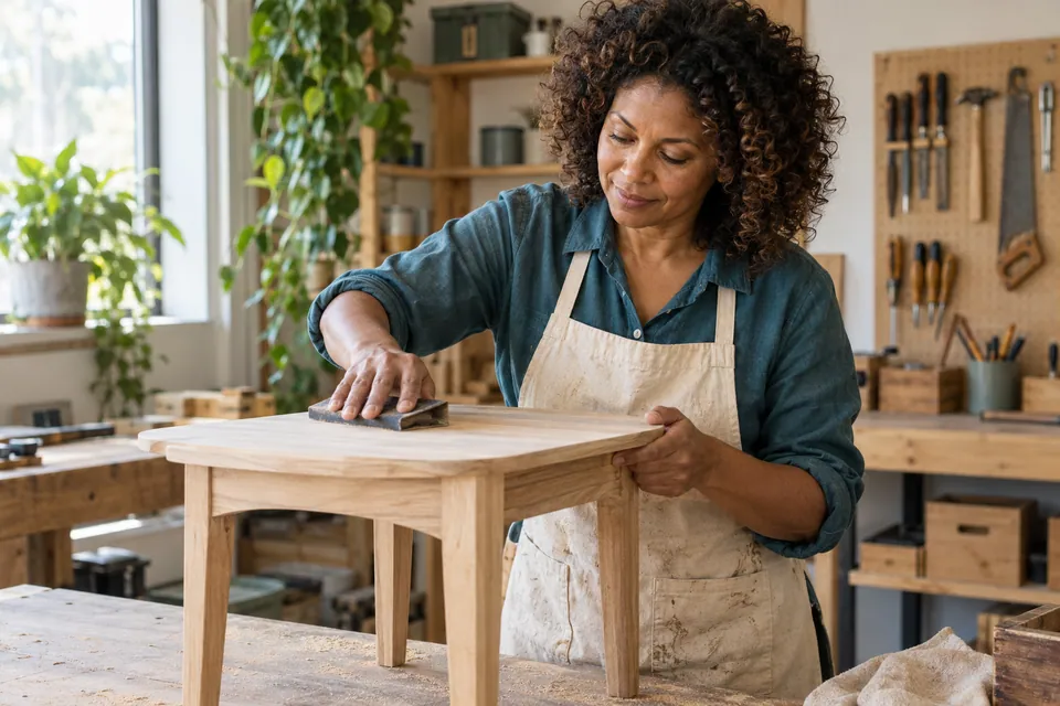 A woman hand-sanding a wooden side table in a bright home workshop