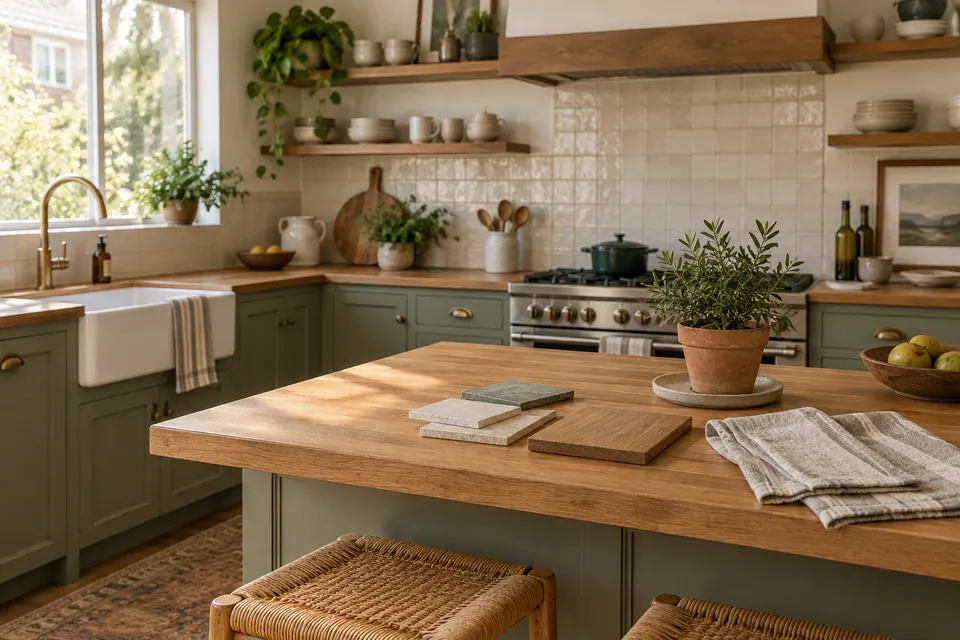 Tile and wood samples on an oak island in a kitchen with sage cabinets