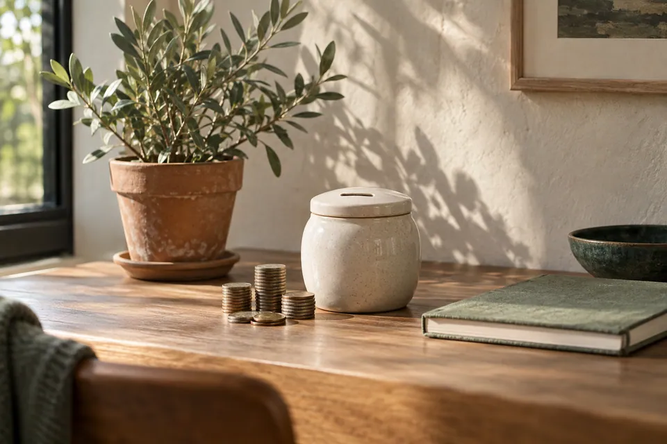 A ceramic savings jar, small stacks of coins, and a notebook beside a plant
